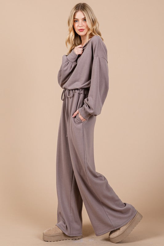 Ces Femme Boat Neck Long Sleeve Drawstring Jumpsuit - Brittney MADE