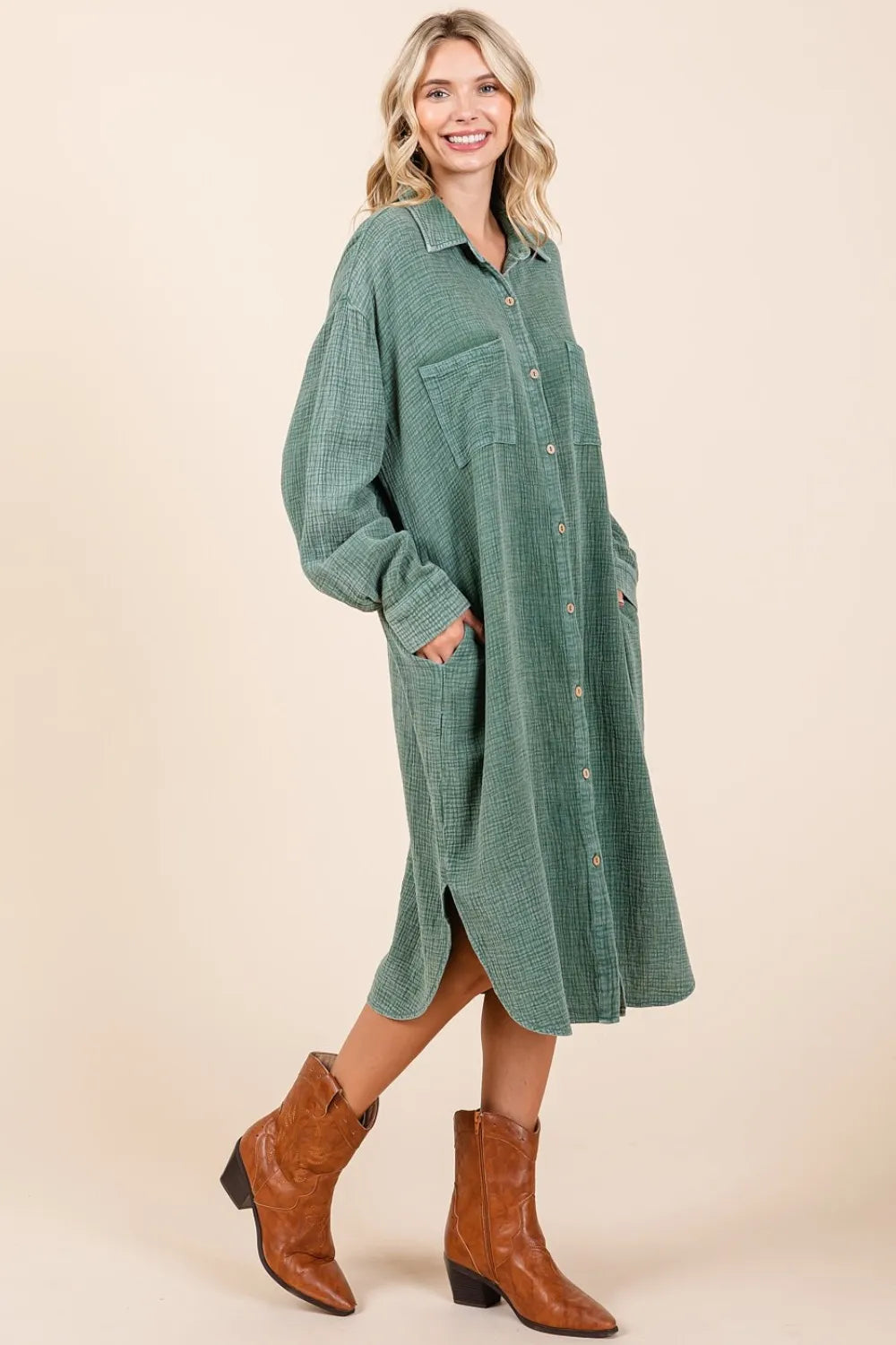 Mittoshop Mineral Wash Cotton Gauze Midi Shirt Dress - Brittney MADE