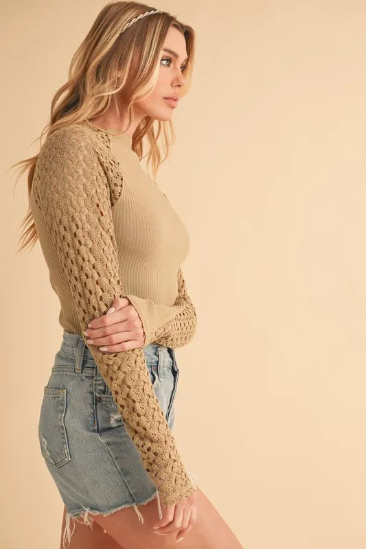 Aemi+Co Mock Neck Ribbed Knit Top with Crochet Sleeve - Brittney MADE