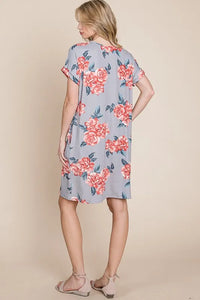 BOMBOM Floral Round Neck Short Tee Dress with Pockets - Brittney MADE