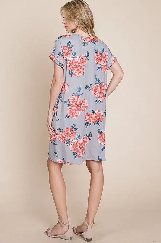 BOMBOM Floral Round Neck Short Tee Dress with Pockets - Brittney MADE