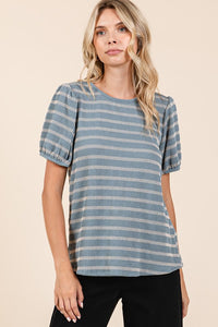 Mittoshop Contrast Striped Short Puff Sleeve Knit Top - Brittney MADE