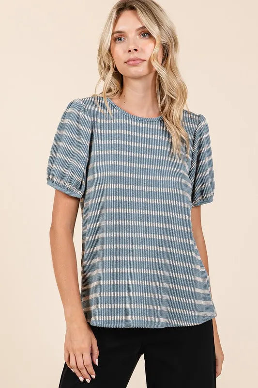 Mittoshop Contrast Striped Short Puff Sleeve Knit Top - Brittney MADE