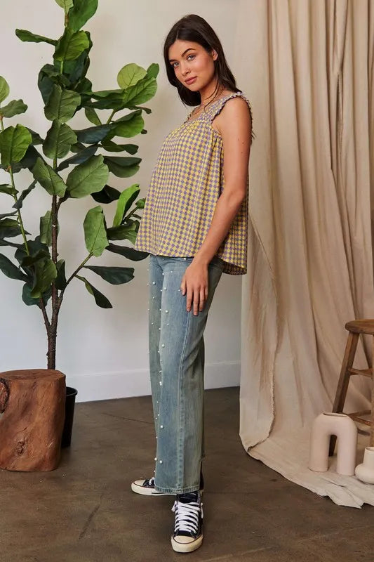 Davi & Dani Printed Square Neck Shirred Straps Top - Brittney MADE
