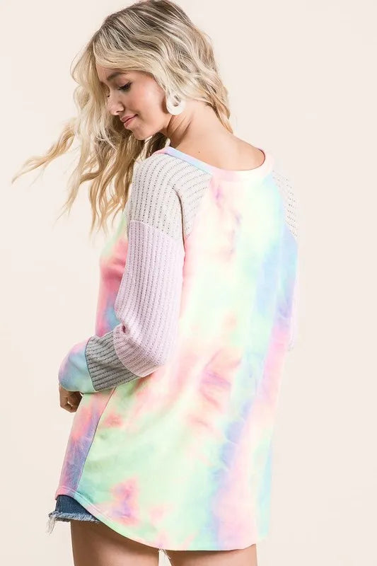BiBi Tie Dye Terry Top With Color Block Pointelle Knit - Brittney MADE