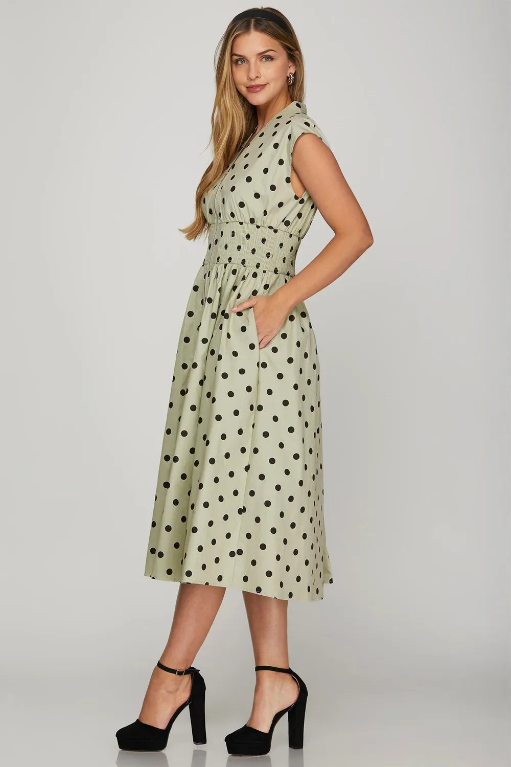 She + Sky Front Zip Polka Dots Cap Sleeve Midi Dress - Brittney MADE