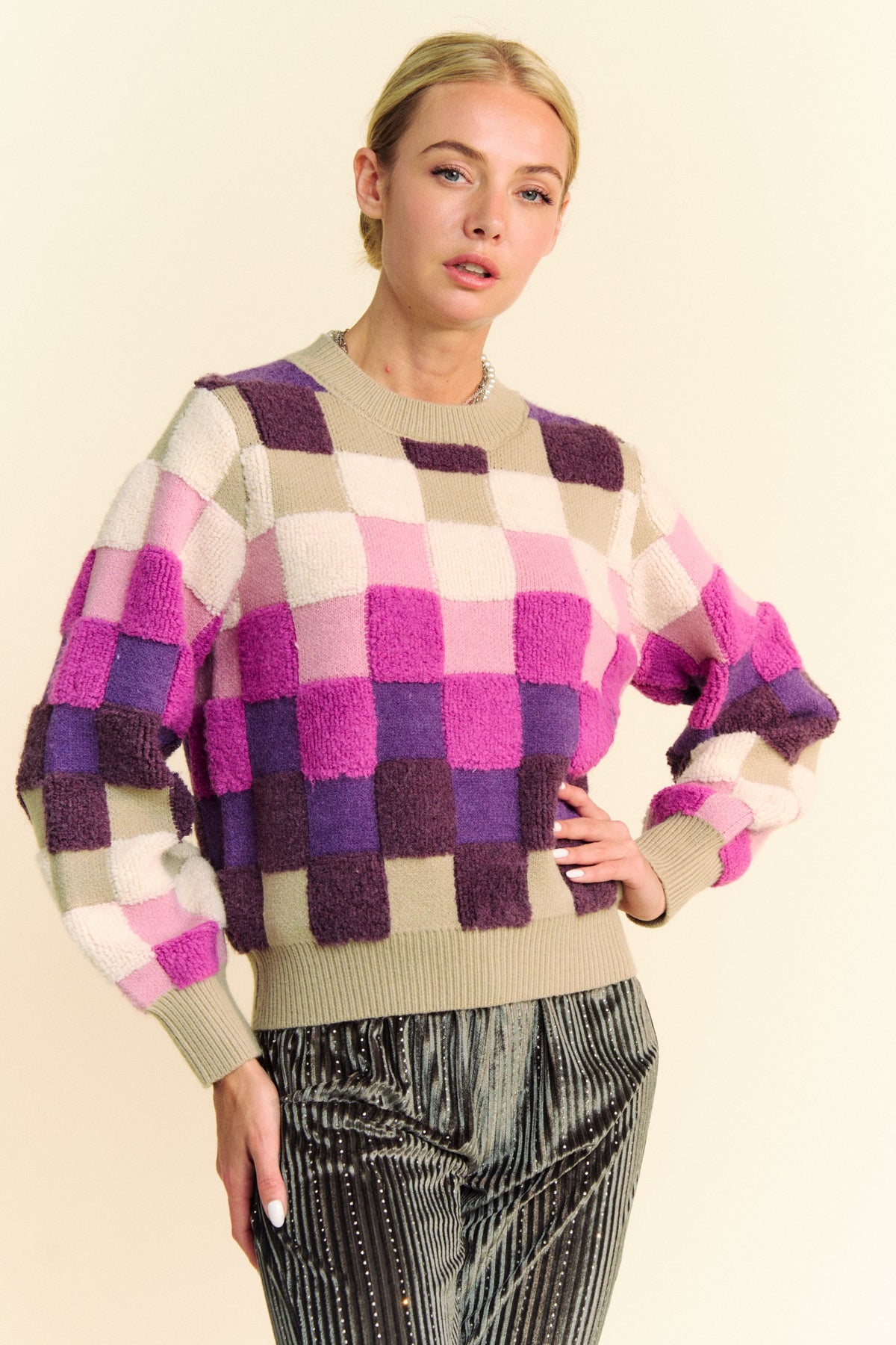 Davi & Dani Checkered Round Neck Long Sleeve Sweater - Brittney MADE
