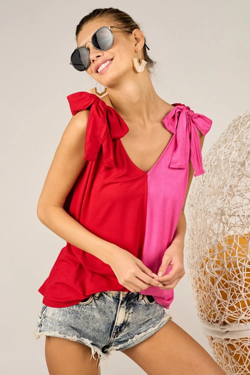 BiBi Shoulder Ribbon Tied Contrast Tank - Brittney MADE