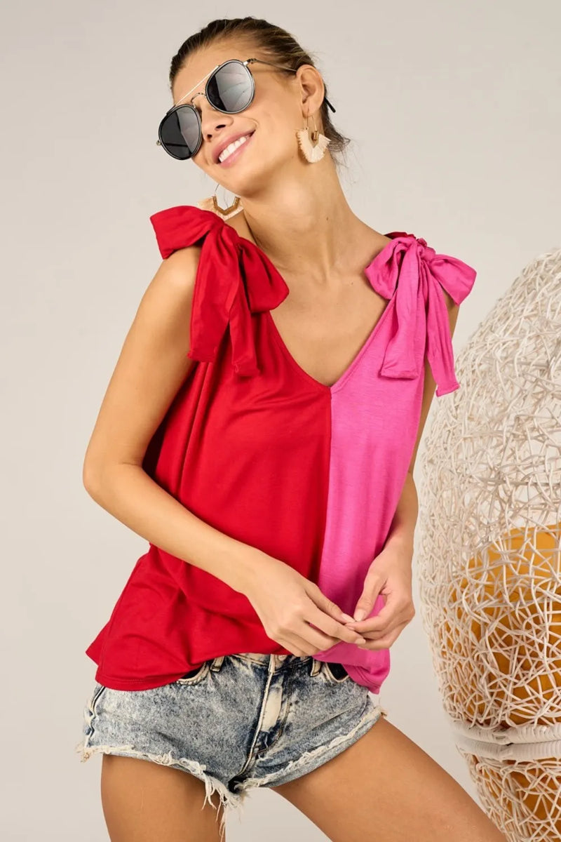 BiBi Shoulder Ribbon Tied Contrast Tank - Brittney MADE