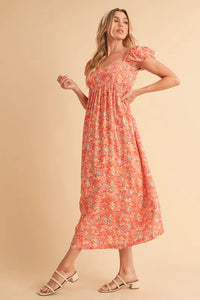 Aemi + Co Cutout Back Floral Square Neck Puff Sleeve Midi Dress - Brittney MADE