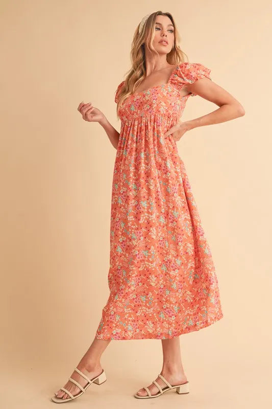 Aemi + Co Cutout Back Floral Square Neck Puff Sleeve Midi Dress - Brittney MADE