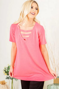 Heimish Full Size V-Neck Short Sleeve T-Shirt with Bar Detail Plus Size - Brittney MADE