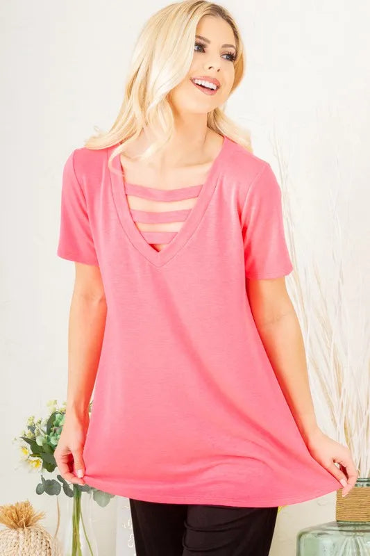 Heimish Full Size V-Neck Short Sleeve T-Shirt with Bar Detail Plus Size - Brittney MADE