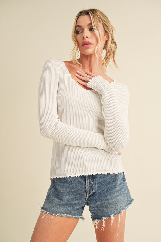 Aemi + Co Lettuce Hem Scoop Neck Long Sleeve Knit Top - Brittney MADE