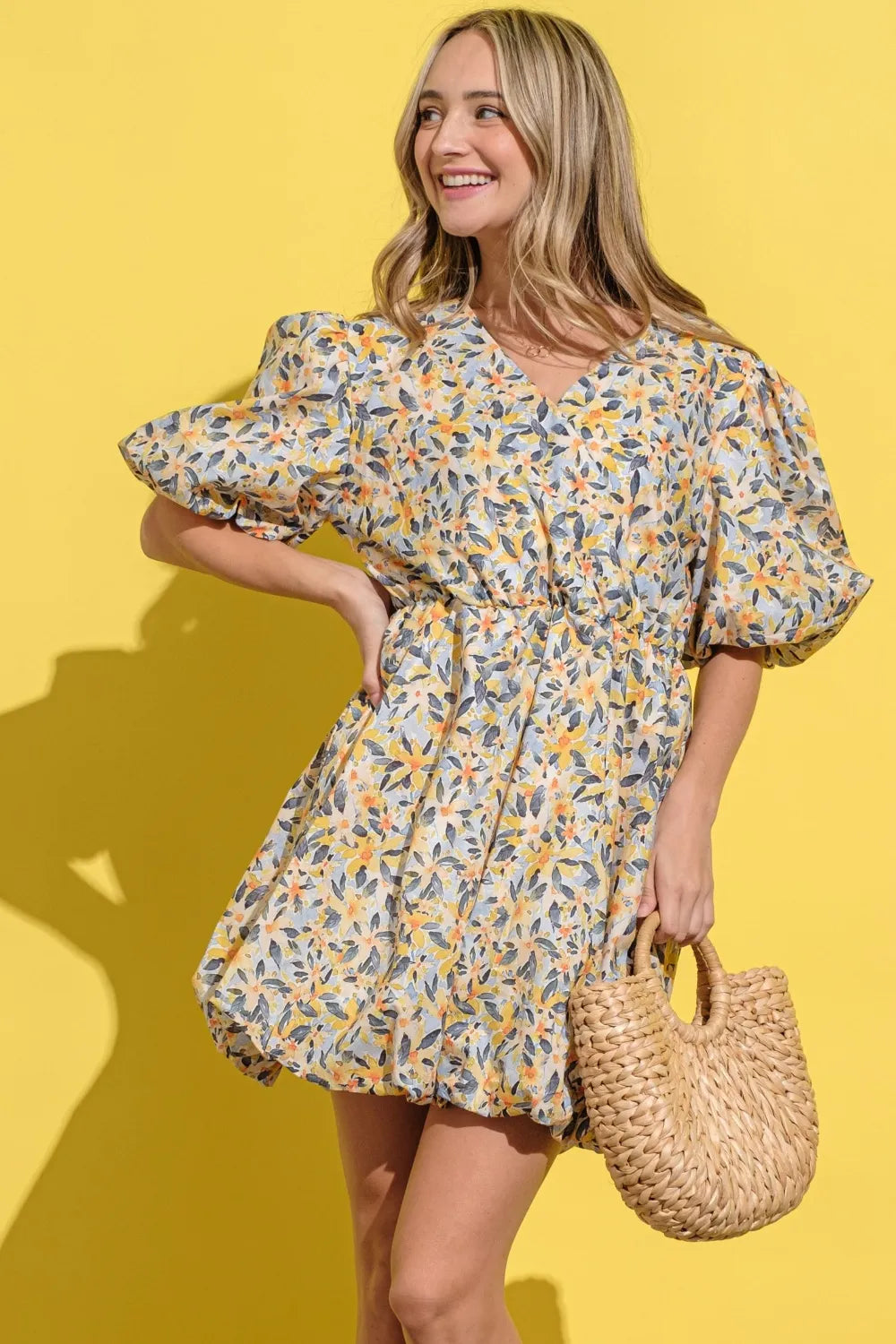 And The Why Full Size Floral Surplice Puff Sleeve Dress - Brittney MADE