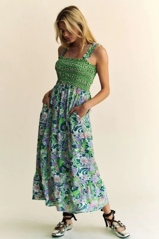 Davi & Dani Multi Smocked Bodice Geo Ruffle Strappy Midi Dress - Brittney MADE