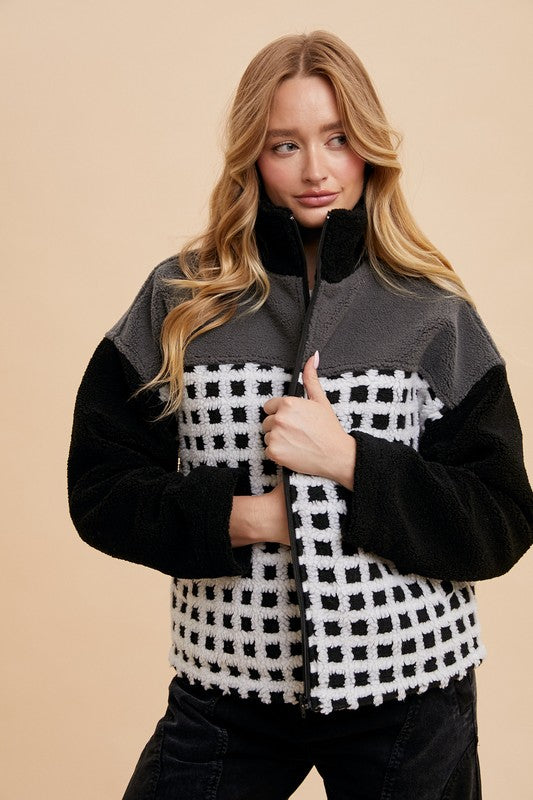Annie Wear Plaid Zip Up Drop Shoulder Sherpa Jacket - Brittney MADE