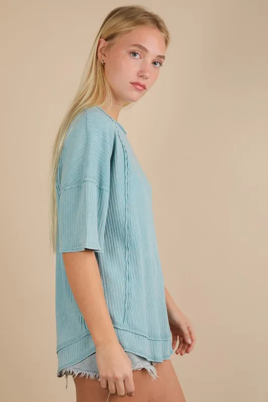 VERY J Mineral Washed Ribbed Knit Casual Top - Brittney MADE