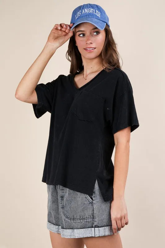 VERY J Mineral Washed V-Neck T-Shirt - Brittney MADE