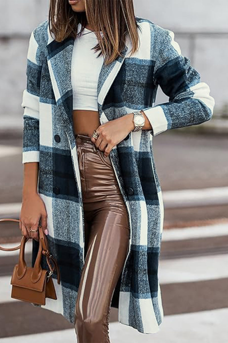 Double Take Full Size Plaid Button Up Lapel Collar Coat - Brittney MADE