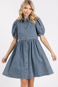 Mittoshop Button Down Puff Sleeve Denim Dress - Brittney MADE