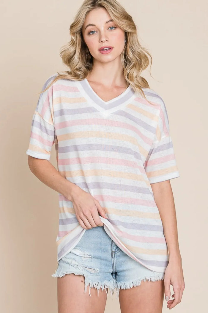 BOMBOM Striped V-Neck Short Sleeve T-Shirt - Brittney MADE
