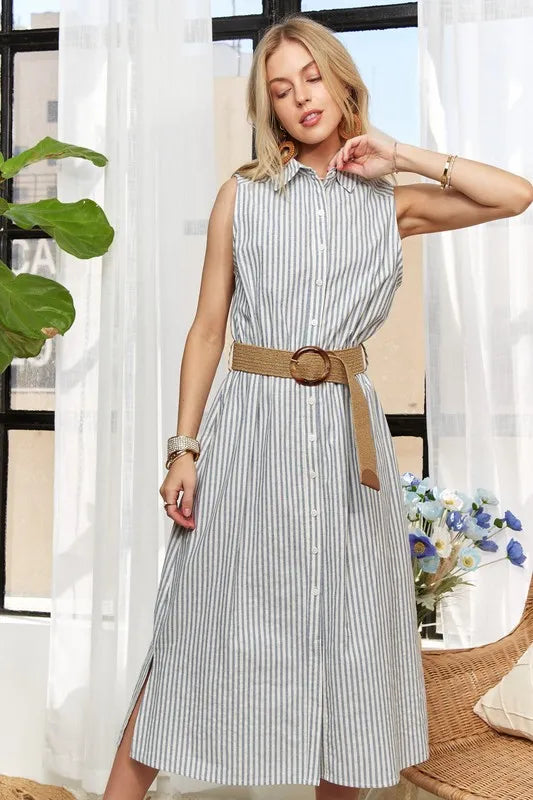 ADORA Striped Button Down Sleeveless Midi Dress - Brittney MADE