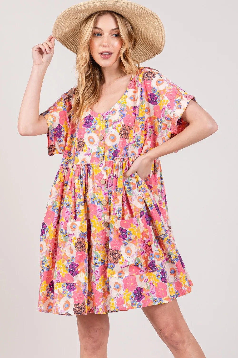 SAGE + FIG Floral Short Sleeve Babydoll Dress with Pockets - Brittney MADE