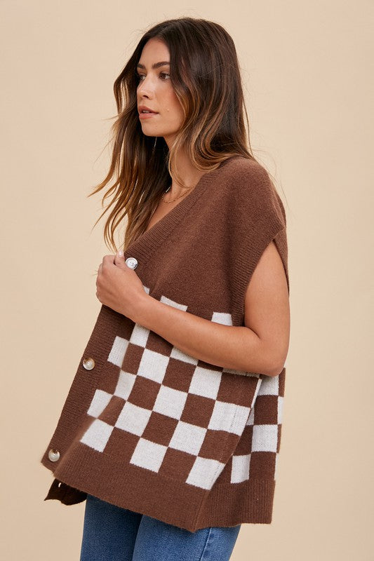 Annie Wear Checkered Button Down Short Sleeve Cardigan - Brittney MADE