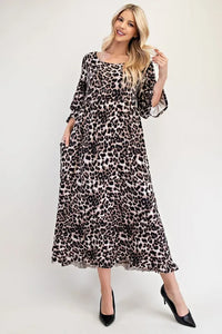 Celeste Full Size Leopard Round Neck Flounce Sleeve Dress - Brittney MADE