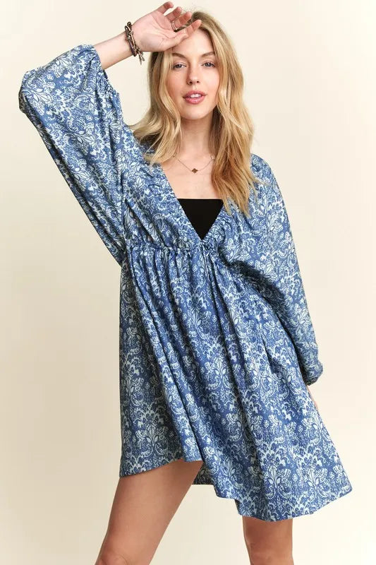 ADORA Printed V-Neck Batwing Sleeve Mini Dress - Brittney MADE