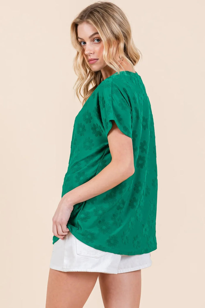 BOMBOM Textured Floral Pattern Short Sleeve T-Shirt - Brittney MADE
