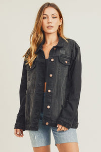 RISEN Full Size Distressed Long Sleeve Denim Jacket - Brittney MADE