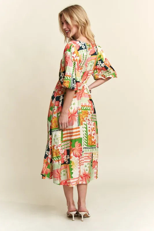 ADORA Floral V-Neck Puff Sleeve Midi Dress - Brittney MADE