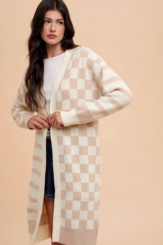 Annie Wear Checkered & Striped Open Front Long Sleeve Cardigan - Brittney MADE