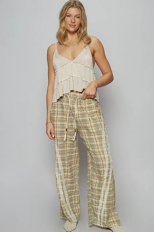 POL Lace Trim Drawstring Checkered Wide Leg Pants - Brittney MADE