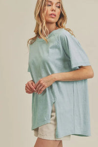 Aemi + Co Asymmetrical Front Slit Round Neck Raglan Sleeve T-Shirt - Brittney MADE