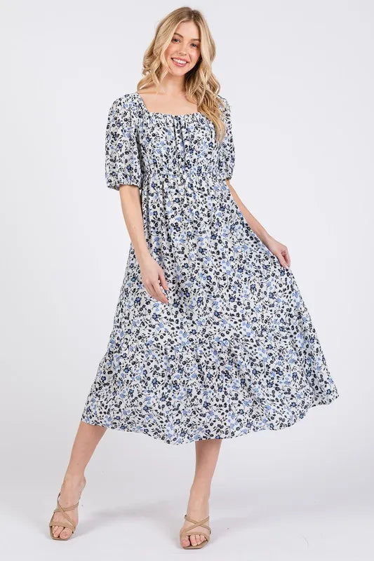 Ces Femme Floral Square Neck Puff Sleeve Midi Dress - Brittney MADE
