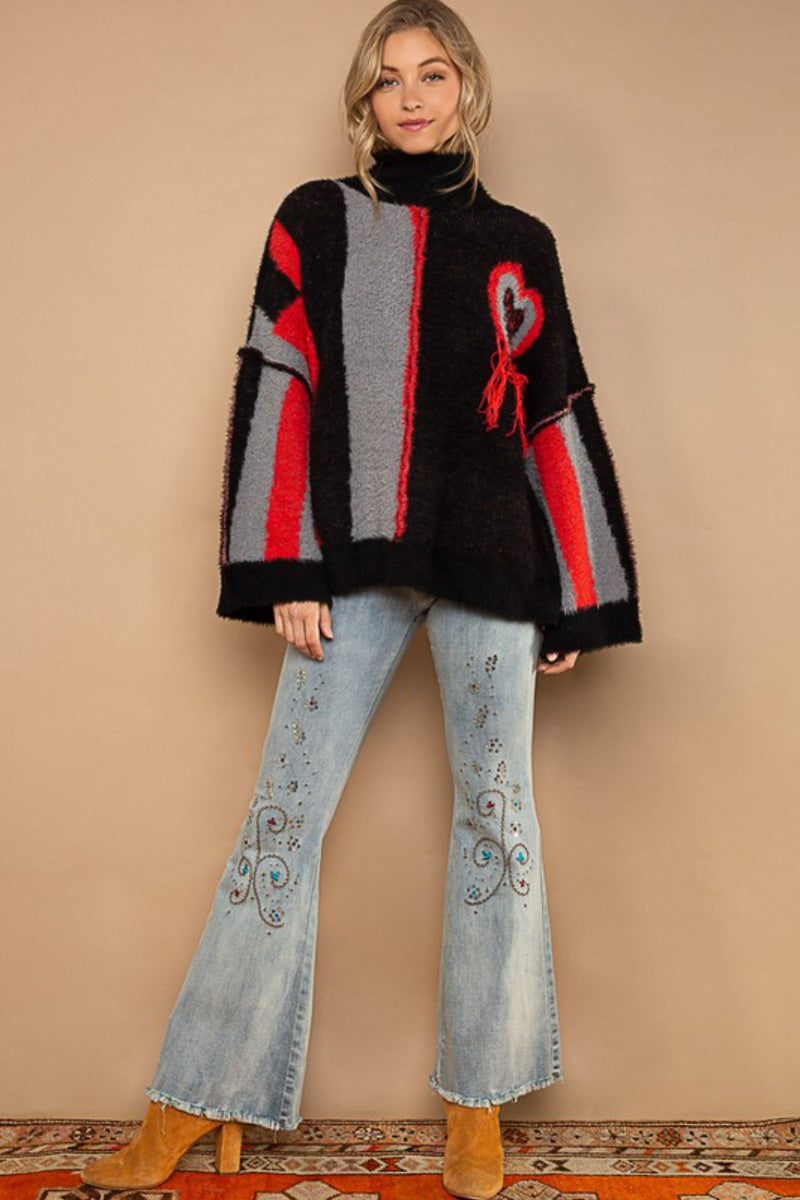 POL Turtleneck Color Block Fringe Detail Sweater - Brittney MADE