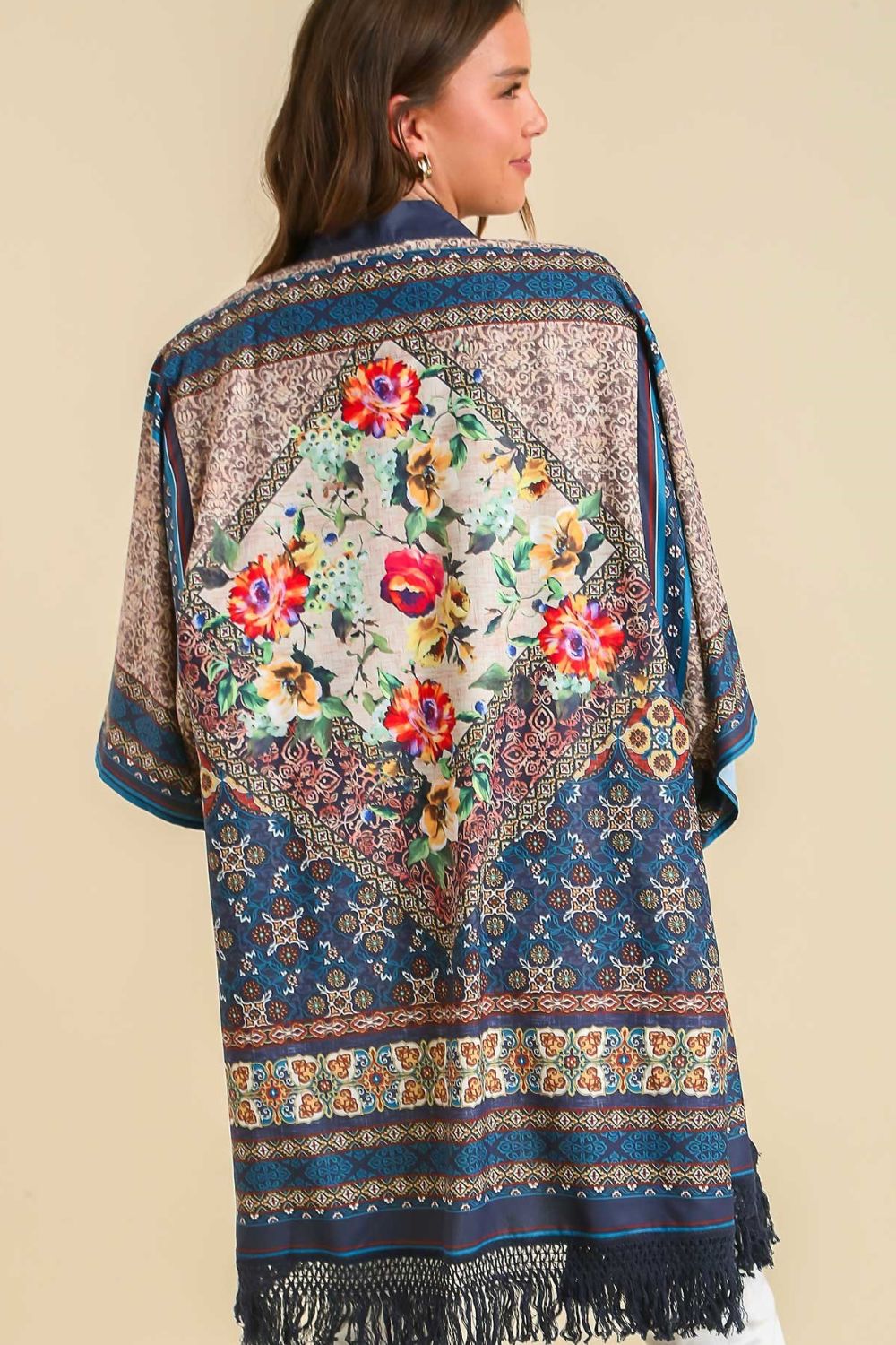 Umgee Full Size Fringe Hem Open Front Printed Kimono Sleeve Cover-Up Plus Size - Brittney MADE