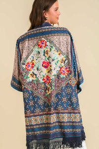 Umgee Full Size Fringe Hem Open Front Printed Kimono Sleeve Cover-Up Plus Size - Brittney MADE