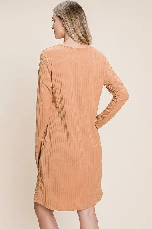 BOMBOM Round Neck Long Sleeve Ribbed Knit Dress - Brittney MADE