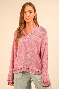 VERY J Oversized Openwork Lace Up Hooded Sweater - Brittney MADE