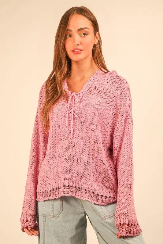 VERY J Oversized Openwork Lace Up Hooded Sweater - Brittney MADE
