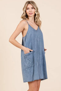 Mittoshop Washed Patch Pocket Mini Cami Denim Dress - Brittney MADE
