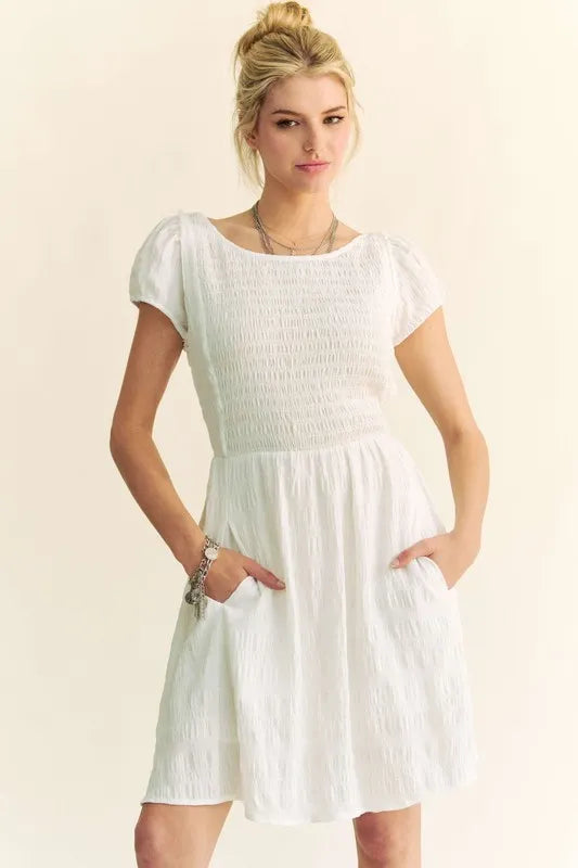Davi & Dani Crossed Back Short Sleeve Dress with Pockets - Brittney MADE