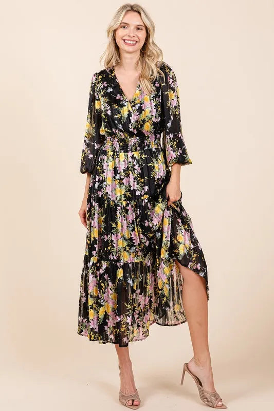 Mittoshop Flower Print Satin Lurex Stripe Smocked Midi Dress - Brittney MADE