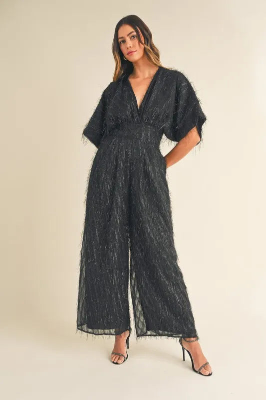 MABLE Fluffy Deep V Neck Wide Leg Jumpsuit - Brittney MADE