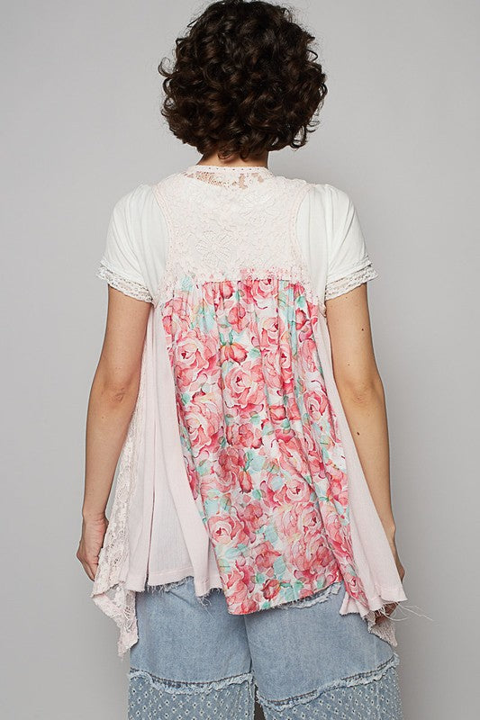 POL Lace Patchwork Floral Open Front Sleeveless Cardigan - Brittney MADE
