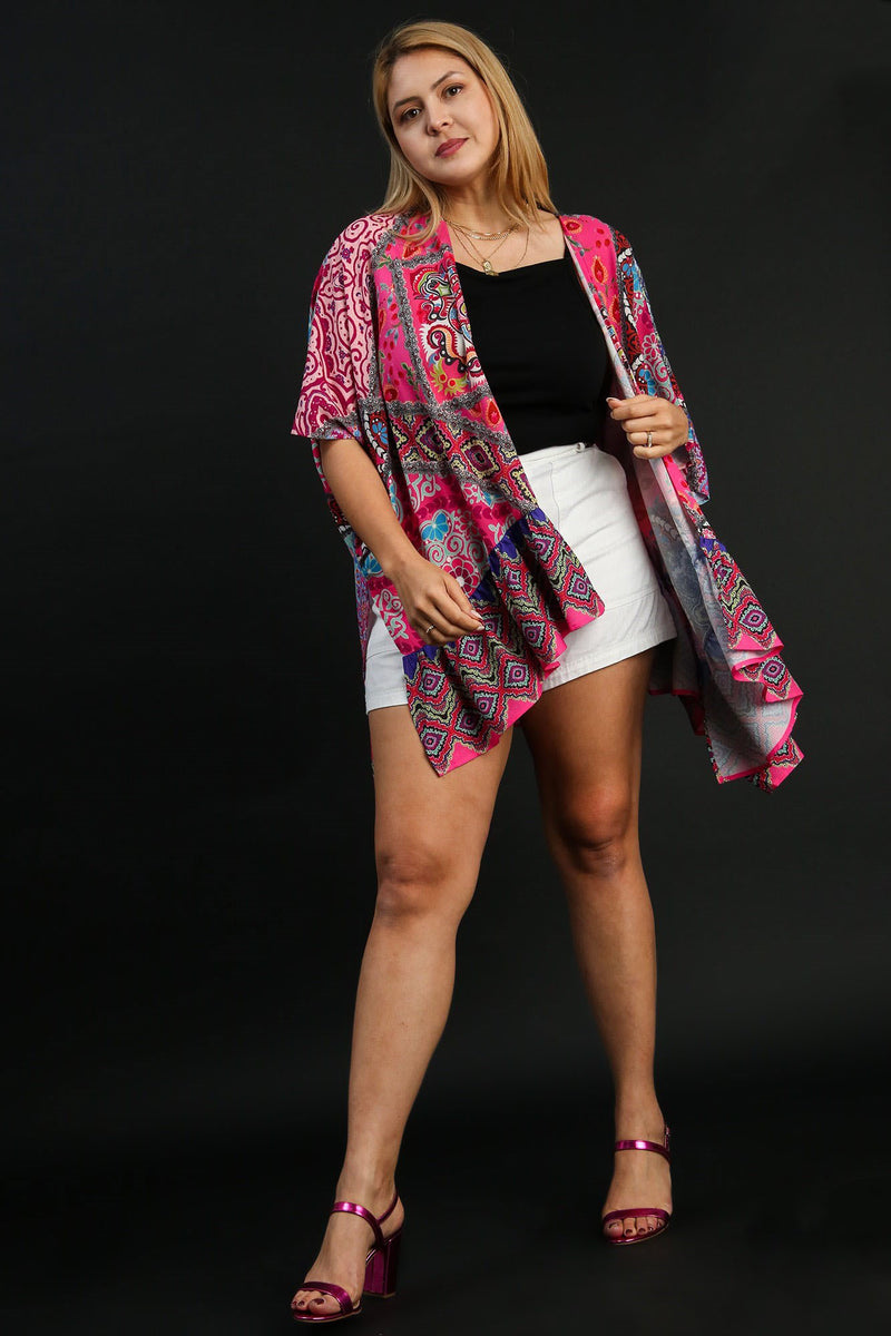Umgee Full Size Mixed Print Ruffle Hem Open Front Cover Up Plus Size - Brittney MADE